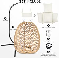 Fauteuil suspendu en rotin Dwoo Garden, chaise suspendue en forme d'œuf pour patio, mobilier d'extérieur, fauteuil suspendu une place avec support en métal