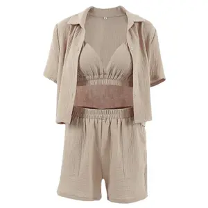 3 pezzi di moda elegante estate pigiama corto per pigiama da donna in lino a righe pigiama Set da donna