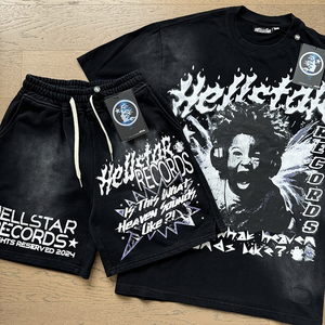 Conjunto de Camiseta Oversize de Algodón Lavado Estilo Hip-hop Streetwear con Efecto Desgastado y NFC Hell Star para Hombre - Product Image 4