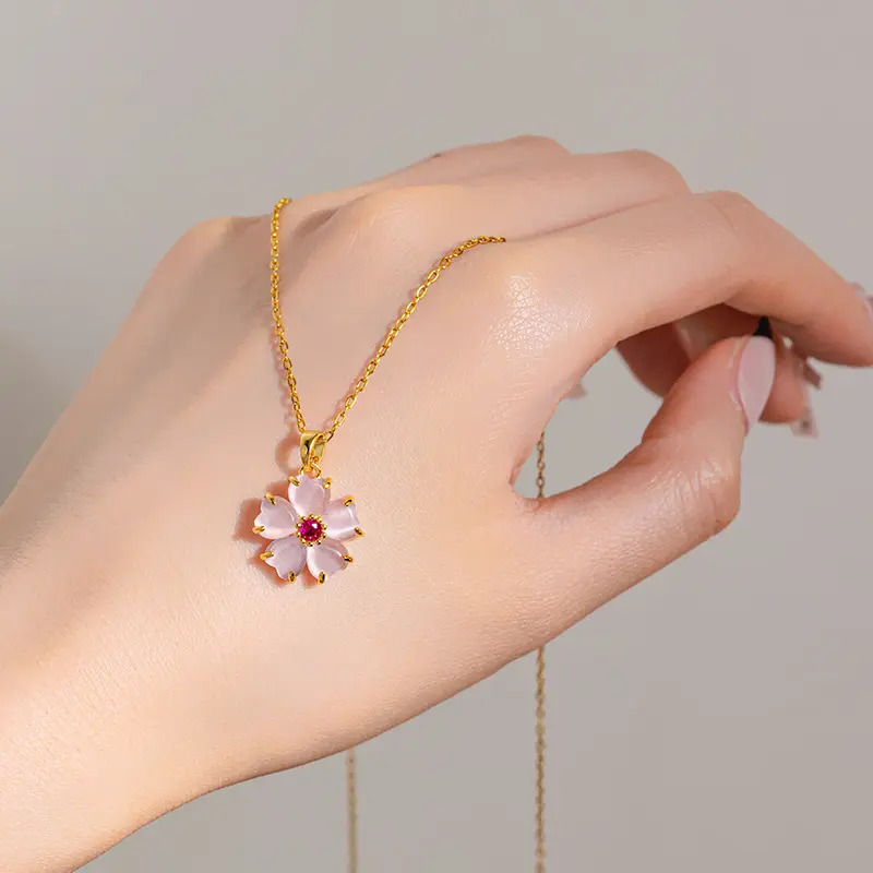 Colorfast Pink Love Flower Zircon Pendant Titanium Steel Chain Necklace Jewelry for Women Cute Designer