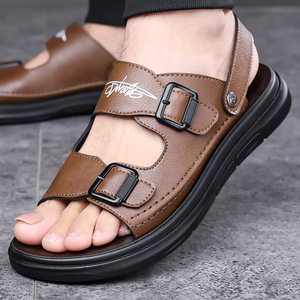 Sandalias Planas para Hombre de Cuero Genuino, Punta Abierta, Antideslizantes, Transpirables, Suela Suave, Casuales, para Playa y Conducir - Product Image 1