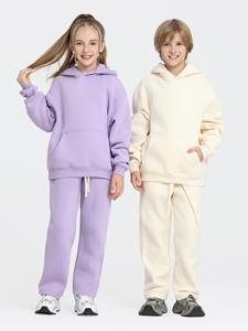 Großhandel Hochwertige Samt-Gefütterte Freizeit-Hoodie-Sets für Kinder 350g Individueller Logodruck Unisex Sweatshirt & Jogginghosen Sets - Product Image 3