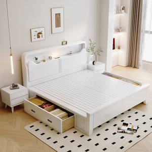 Dazhang Jiaju Scandinavian White Solid Wood Bed 1.8m Storage High Box Lighted <b>Headboard</b> Master Bedroom Furniture - Product Image 3