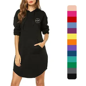 Atacado Pullover Algodão Mulher Senhora Camisola Manga Longa Na Moda Pull Over Hoodies Vestido Plain Curved Hem Mulheres Vestido Hoodie