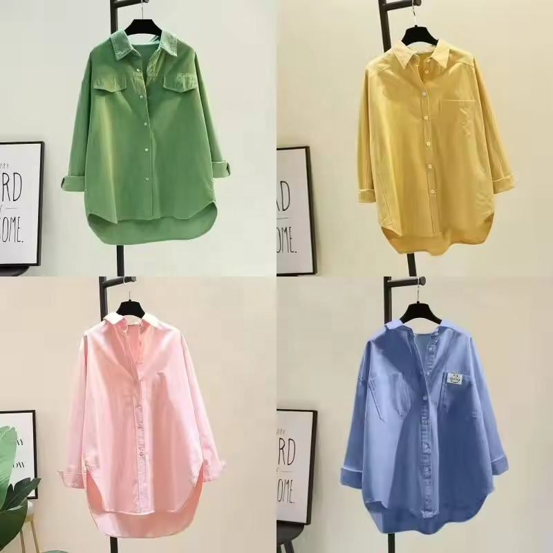 Ladies New Casual Loose Cotton Shirts Long Sleeve Women's solid color Blouse Shirt Top Blouses