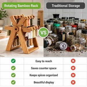 <span class=keywords><strong>Portaspezie</strong></span> <span class=keywords><strong>Girevole</strong></span> a 360° in Bambù, Design a Ruota Panoramica con 18 Barattoli in Vetro, Organizzatore da Cucina per Condimenti - Product Image 4