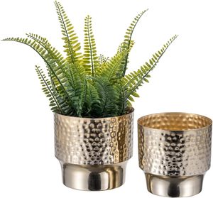 Round Hammered Gold Plated Set of 2 Metal Planters Decorative Flower Pot Home Gardening Accessories Potted <b>Plant</b> <b>stand</b> set - Product Image 1