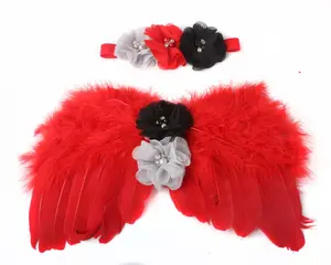 Feather Angel Wings Match Flower Headband Newborn Photography Accessories Baby Photo Props Set Handmade Costumes For Infant