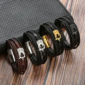 Pulsera de acero inoxidable con cierre magnético para hombre, brazalete de cuero clásico con diseño de búho Retro, venta al por mayor