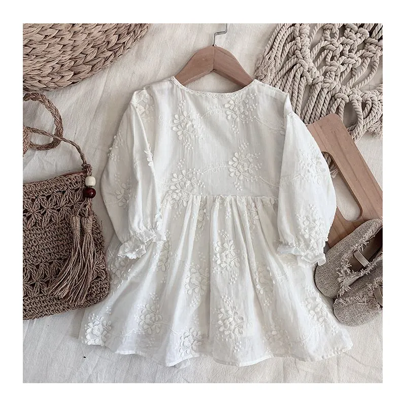 Yoehyaul - Vestido branco elegante personalizado para meninas, vestido de algodão de manga comprida para bebês, em forma de joelho, primavera e outono