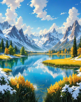 Kit de peinture par numéros Orfon en vrac, paysage de montagne enneigée avec lac de cristal et automne doré, style dessin animé, imprimé UV, à peindre soi-même