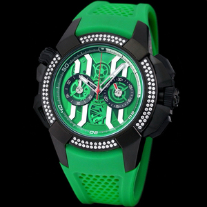 Montre de luxe de haute qualité, verte vibrante, noire et foncée, avec lunette entièrement sertie de diamants, chronographe squelette, bracelet en caoutchouc vert, montre-bracelet pour homme - Product Image 1