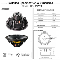 Subwoofer Neodymium LS HD10NW64 8 Ohm 10 Inch Midbass Loudspeaker dengan Cangkang Logam 300W 96dB Respon Frekuensi 68-3KHz