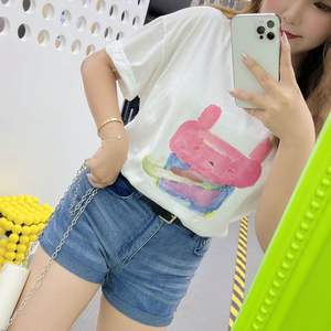 Camiseta de Manga Corta para Mujer N8021, Blanca, de Algodón, con Estampado de Acuarela, Cuello Redondo, Holgada, Tejido Jersey, para Adultos - Product Image 1