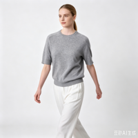 T-shirt en cachemire pur pour femme, col rond, couleur unie, manches courtes, coupe ample, doux, luxueux, tricoté, basique, pour le bureau ou décontracté