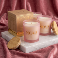 Pot à bougie en verre givré de luxe, cylindrique, avec couvercle en bambou et métal, récipient vide pour bougie, avec boîte cadeau, pots à bougie de luxe