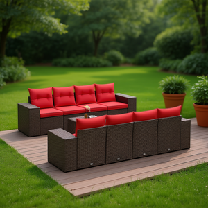 Brown Poly <b>Rattan</b> Garden <b>Sofa</b> Set With Cushions 9 Piece Outdoor Furniture Contemporary Design - Product Image 2