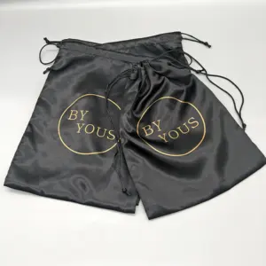 Custom Luxury Black Satin Hair Gift Dust Bag Thick Silk Satin Drawstring Bundle Dust Hair Extension Bag With Logo Printing