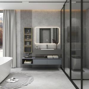 Meuble de salle de bain mural de style hôtel de luxe léger, avec lavabo en dalle de roche double couche sans joint et grande capacité de rangement - Product Image 2