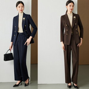 Women's Wool Suit Set Solid Color Double Breasted Blazer With Belt Pants Anti-Wrinkle Formal Wear - Product Image 2