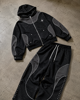 Ensemble sweat à capuche zippé et pantalon de survêtement large imprimé craquelé gothique avec strass, style streetwear unisexe
