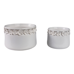 Set di due vasi decorativi in ceramica bianca con applicazioni floreali per interni ed esterni - Product Image 1