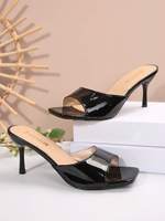Sandales mules noires en PU verni pour femme, à bout ouvert, talon aiguille, à enfiler, légères, chaussures de soirée, vente en gros, logo personnalisé, OEM