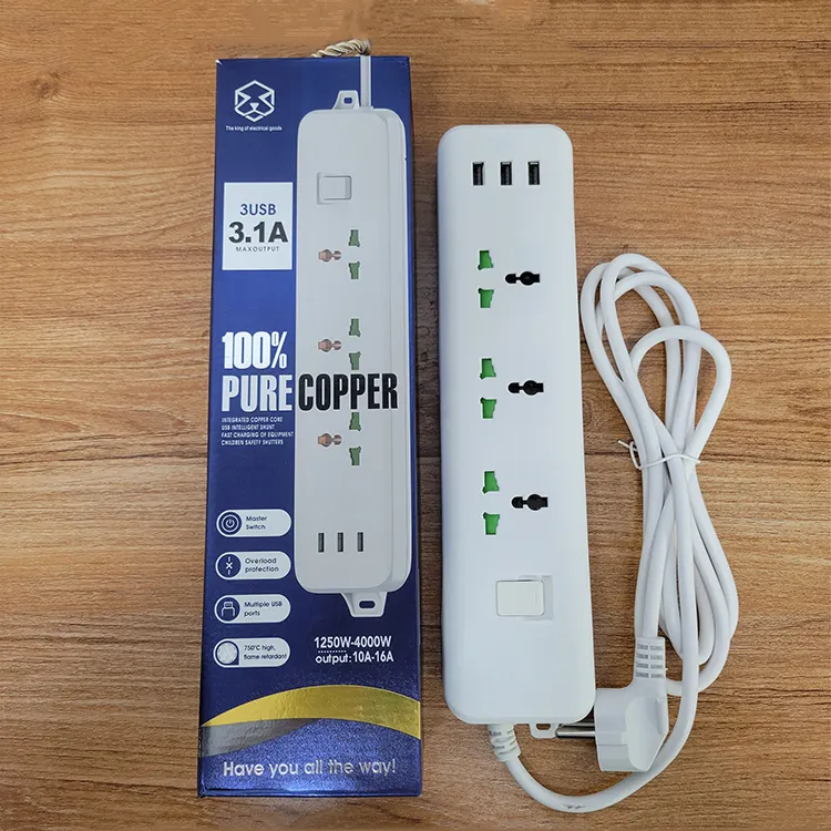 10A 2500W 110-250V 2-meter long universal hole outlet power strip with 3 USB ports for household use