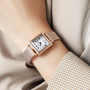 Reloj de pulsera cuadrado pequeño para mujer, estilo romano retro, de lujo, resistente al agua, con correa de malla de acero inoxidable, de cuarzo. - Product Image 1