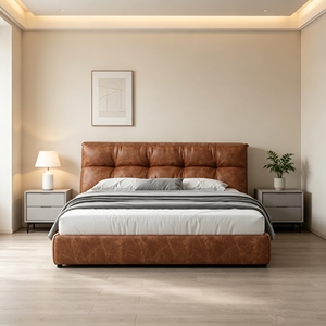 Cama matrimonial de cuero genuino color camel con caja de almacenamiento alta, para <span class=keywords><strong>dormitorio</strong></span> principal y secundario, con paquete de accesorios suaves. - Product Image 4