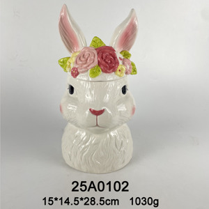 Pot à biscuits <span class=keywords><strong>en</strong></span> céramique <span class=keywords><strong>en</strong></span> forme d'œuf Lapin de Pâques avec nœud orange, décoré à la main, pour rangement de cuisine, cadeau - Product Image 2