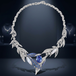 Collar de zafiro chapado en rodio para mujer con diseño de hoja con diamantes incrustados, conjunto de joyería clásico para boda - Product Image 3