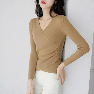 Temperament V-neck Thin Sweater Women's Slim Fit Pullover Long Sleeve Solid Asymmetric Underlay Knit Sweaters