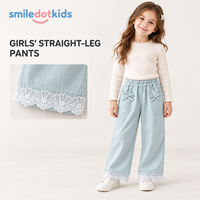 Pantalon droit personnalisé Smiledotkids pour enfants, bleu clair, avec nœud et ourlet en dentelle, doux, OEM ODM, pour petites filles, vente en gros