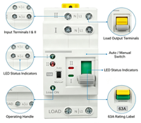 Commutateur de transfert automatique 63A 2P AC 230V, inverseur de source double alimentation, interrupteur sélecteur à montage sur rail DIN pour générateur et système solaire