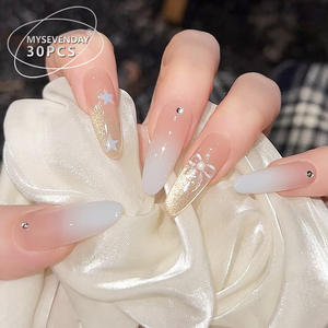 Uñas Postizas Degradado Rosa Nude con Diseño <span class=keywords><strong>de</strong></span> Estrellas <span class=keywords><strong>de</strong></span> Diamantes <span class=keywords><strong>de</strong></span> Imitación en Forma <span class=keywords><strong>de</strong></span> Lágrima y Lazo, Puntas <span class=keywords><strong>de</strong></span> Uñas Desmontables, Caja <span class=keywords><strong>de</strong></span> 30 Piezas, Acabado Profesional - Product Image 2