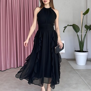 Nouvelles robes de <span class=keywords><strong>cocktail</strong></span> formelles noires sans manches à volants pour femmes, élégantes, à taille cintrée, haut de gamme, maxi - Product Image 1