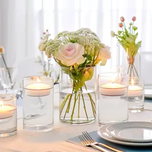 Vas kaca bunga bening silinder kecil bulat grosir kustom pernikahan dekoratif besar pot kuncup transparan bergaris