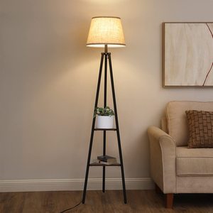 Industrial Standing Storage <strong>Lamp</strong> Living Room Beige Linen Shade <strong>Tripod</strong> <strong>Floor</strong> <strong>Lamp</strong> <strong>with</strong> <strong>Shelves</strong> - Product Image 4
