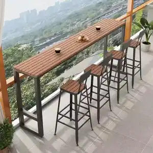 MORE DESIGN Latest Balcony Furniture Wood Top With Metal Leg Rectangular Swimming Pool Wooden Garden Dining Bar Outdoor Table