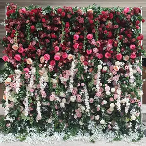 5D Disesuaikan Blush Rose Pink Bunga Dinding Hijau Tanaman Daun Pagar Dinding 8 Kaki X 8 Kaki Latar Belakang Rumput Hijau untuk Dekorasi Pesta Pernikahan