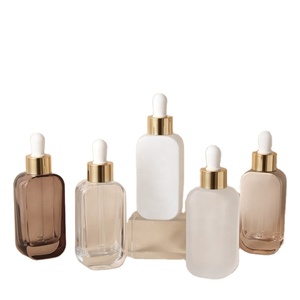 50ml Stock Cosmetic Package Luxury Square Hot Stamped Flat Glass <b>Dropper</b> <b>Bottle</b> with Latex Head and Plastic Cap - Product Image 1