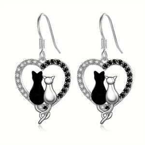 Silver Cat Heart <b>Earrings</b> Rhodium Plated 925 Sterling Silver <b>Black</b> Stone Drop <b>Earrings</b> <b>For</b> <b>Women</b> Everyday Wear - Product Image 4