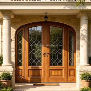 Porta d'Ingresso Doppia Arcuata Premium in Legno di Noce e Vetro Classico con Design a Barre in Legno per Esterni di Villa - Product Image 6