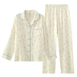 Nouvel Ensemble de Pyjama Femme en <span class=keywords><strong>Gaze</strong></span> <span class=keywords><strong>Double</strong></span> Couche Printemps/Automne, Col Rabattu, Prêt-à-Porter, Manches Longues 100% Coton - Product Image 3