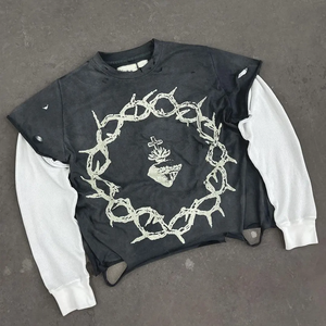 Camisetas Personalizadas para Hombre, Serigrafía, 100% Algodón, Dobladillo Vintage, Lavado Ácido, Camisetas con Estampado Gráfico, Camiseta de Manga Larga de Doble Capa - Product Image 4