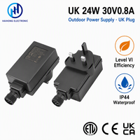 Adaptateur secteur AC-DC 30V 0.8A 24W étanche IP44 avec prise UK |   Certifié ETL CE UKCA |   PC ignifuge |   pour usage commercial extérieur