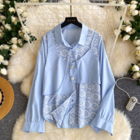 Chemise à manches longues pour femme en dentelle patchwork avec ceinture à nouer et boutons sur le devant, style décontracté pour le printemps
