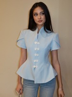 CJ - Nouvelle Blouse Printemps-Été Style Chinois à Col Montant Boutonné, Couleur Unie Écologique, Manches Courtes, Modèle Unique