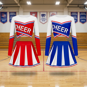 Ensemble d'uniformes de pom-pom girl rouge, bleu et blanc, haut à manches longues, jupe imprimée, costume de compétition pour adultes, vêtements de sport - Product Image 2